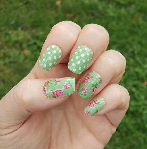 Pastel Green Mint Pink Rose Floral Garden With White Polka Etsy