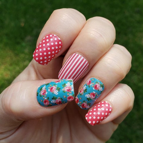 Fun Floral Dots Stripes Flower Real Nail Polish Wraps - Etsy Canada Fun Floral Dots Stripes Flower Real Nail Polish Wraps - Etsy Canada