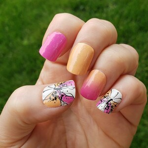 Summer Butterfly Pink & Orange Real Nail Polish Wraps, Pink Nail Wraps, Orange Nail Wraps, Nail Wraps, Nail stickers, Nail polish, Ombre