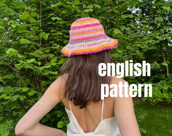 Crochet Bucket Hat Pattern, Colorful Fuzzy Scraps, Beginner English PDF (Digital Download)