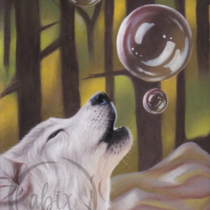 May include: A white wolf howls at the sky, surrounded by colourful soap bubbles in a woodland setting. The wolf's fur is soft and fluffy, and its eyes are closed. The bubbles are iridescent and reflect the sunlight. The background is a blur of green and brown trees.