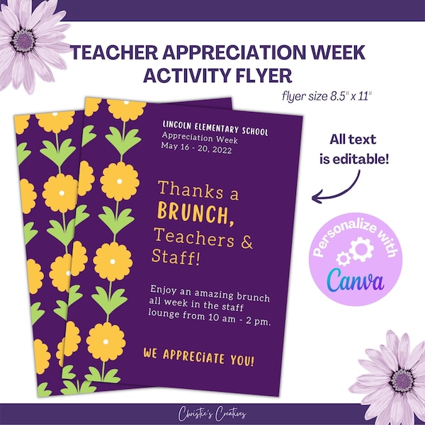 Teacher Appreciation Week Activity Flyer | Thanks a Brunch | Printable & Editable Template in Canva | 8.5 x 11
