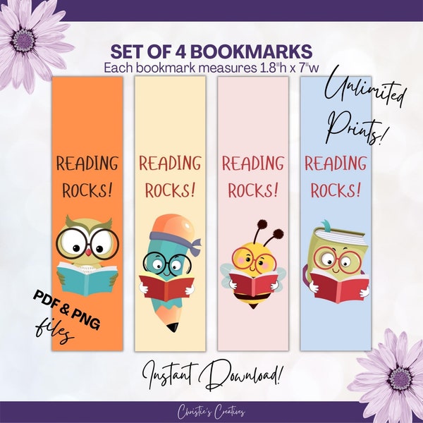 Reading Rocks Reading Characters Bookmarks | Owl Worm Bee Pencil Reading Books | 4 Bookmarks per Page | Instant Download 8.5 x 11