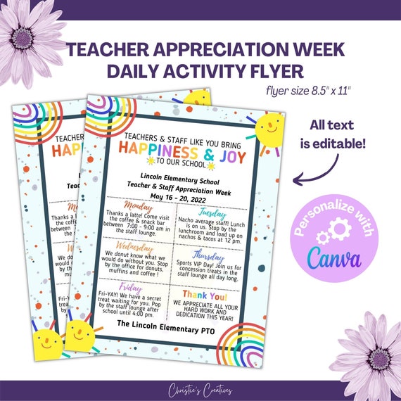 Teacher Appreciation Week Daily Activity Flyer Rainbow Happiness