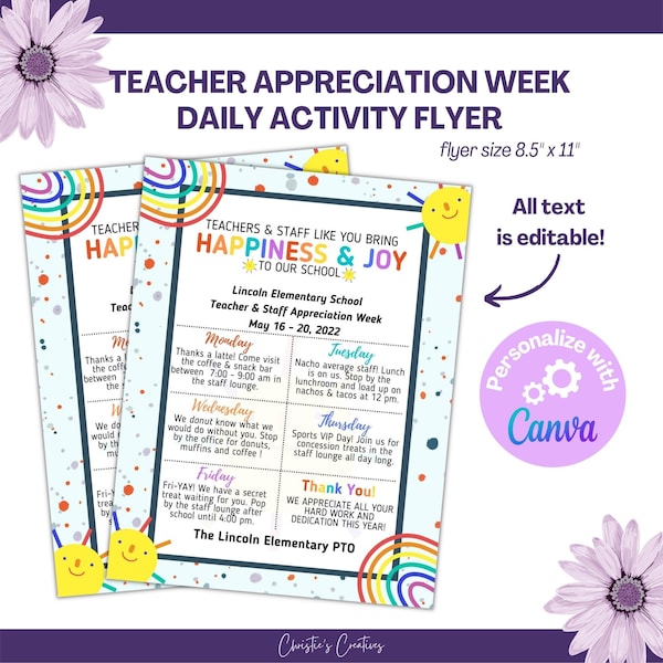 Teacher Appreciation Week Daily Activity Flyer | Rainbow Happiness and Joy Theme | Printable & Editable Template in Canva | 8.5 x 11