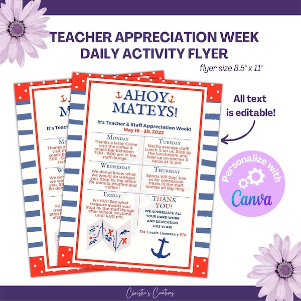 Teacher Appreciation Week Daily Activity Itinerary Flyer | Ahoy Mateys Nautical Theme | Printable & Editable Template in Canva | 8.5 x 11