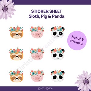 Conjunto de 9 adesivos de cabeças de animais com rostos de animais fofos adesivos de panda de porco preguiça | adesivos para planejador de capa de livro para laptop | Adesivos com corte de beijo de 1,25"
