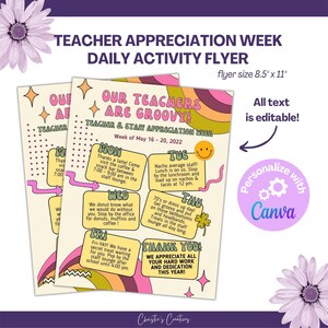 Teacher Appreciation Week Daily Activity Itinerary Flyer | Groovy Retro Theme | Printable & Editable Template in Canva | 8.5 x 11