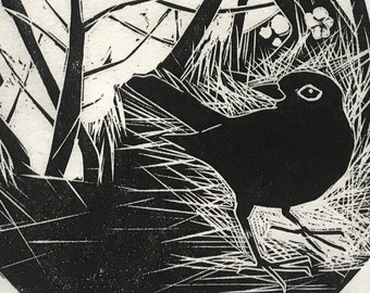 Blackbird and Little Wren - lino cut