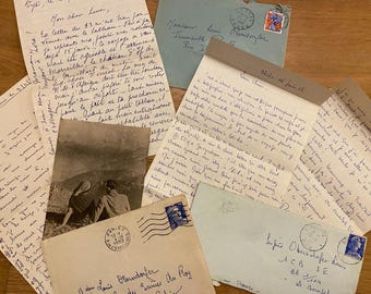 Set van 10 Franse handgeschreven vintage brieven in enveloppen, 1940 - 1984, sommige met extra's, vintage, authentiek