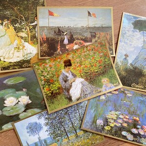 7 Claude Monet postcards, Water Lilly, lady sewing, ephemera, junk journal
