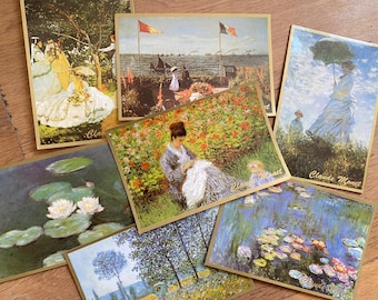 7 ansichtkaarten van Claude Monet, waterlelie, naaiende dame, efemere, junkjournal