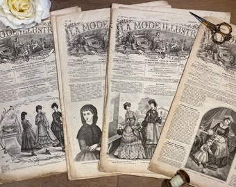 1871-1891 Victoriaans Frans modemagazine La Mode Illustrée, antieke en vintage kapsels, jurken, schoenen en woonaccessoires