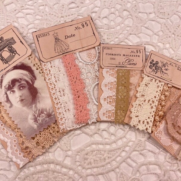 Sample cards, vintage, some hand dyed, vintage photo and laces,  pastels and neutrals, set of 5 cards