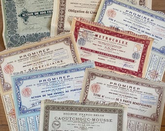 8x Franse aandelen, obligatiecertificaten, prachtig geïllustreerd, origineel jaren 1910, 1927 en jaren 50, set van 8 inch