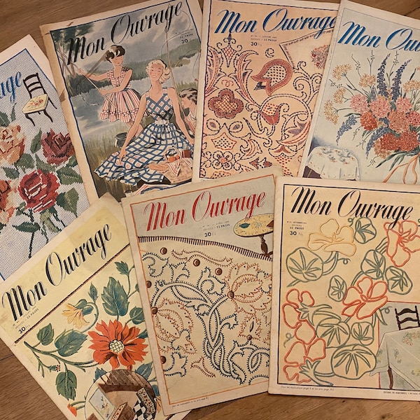 1954-1955 Magazines vintage français Mon Ouvrage, broderie avec motifs pour dame en papier éphémère pour journal