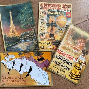 4 Paris postcards, Eiffeltower, Moulin Rouge, Cancan dancers, ephemera, juni journal