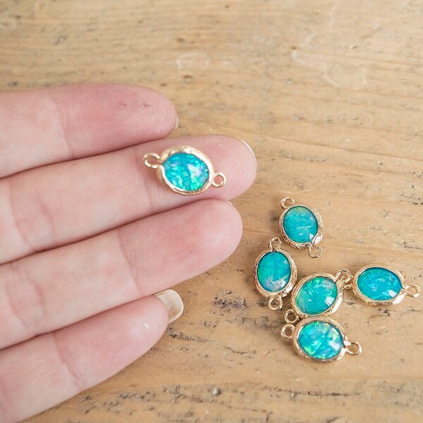 Gold plated Blue Opal Connector Charm, Set of 2, gold plated charm, Opal charm 18 x 10mm, A36