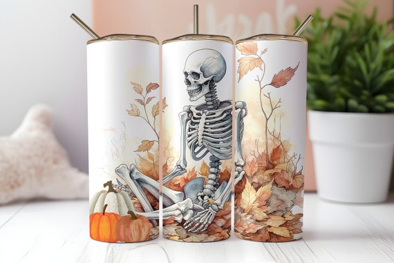 Skeleton Pumpkin 20oz Skinny Tumbler Handmade Fall Autumn Halloween