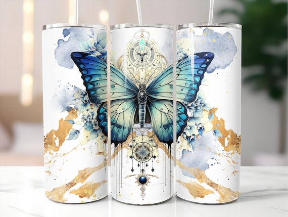 Butterfly Floral Blue 20oz Skinny Tumbler Handmade Fall Autumn Halloween