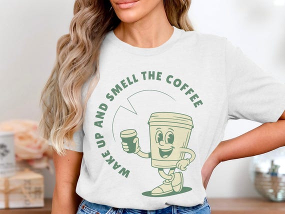 Wake Up and Smell the Coffee T-Shirt, Retro Coffee Lover Tee, Funny Cartoon Coffee Cup Shirt, Caffeine Addict Apparel, Gift for Coffee Fan