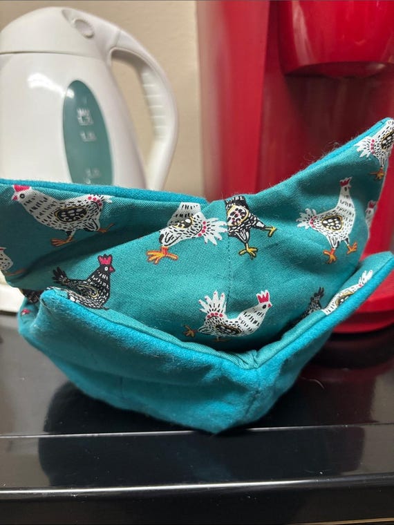 Teal Chicken Print Fabric Bowl Cozy Set of 2!
