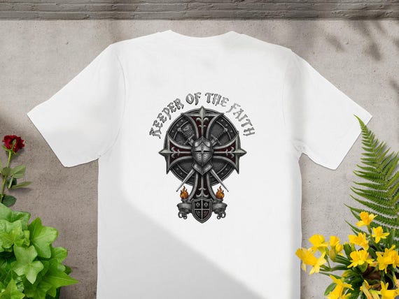 Keeper of Faith T-Shirt, Knight Templar Symbol, Crusader Helmet, Religious Tee, Medieval Warrior Shirt, Armor Cross Graphic