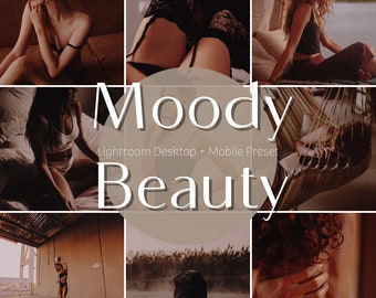 Könnte beinhalten: Eine Collage aus Bildern, die Personen in verschiedenen Posen zeigen, mit einem Textüberlagerung, die "Moody Beauty Lightroom Desktop + Mobile Preset MARLI Presets" lautet.