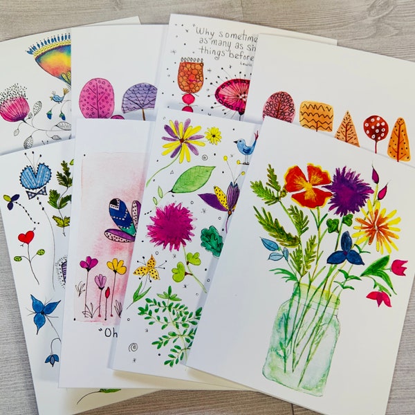 Eight- All Occasion Cards- Value Pack - Flowers and Trees -FREE Shipping-Thank you, Get Well, Just Because, Thinking of You