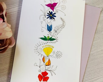 Floral Chakra Aquarell Grußkarte 652 blank innen -Yoga, Pilates, Kundalini, erhebende glücklich alle Gelegenheit Karte