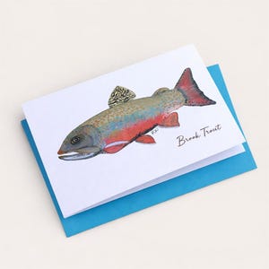 May include: A greeting card featuring a watercolor illustration of a brook trout. The fish has a red, orange, and blue body with a red tail fin. The card is on a blue envelope, with the words "Brook Trout" written on the card.