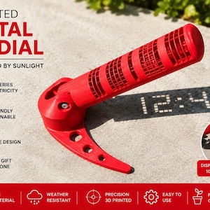 May include: A bright red 3D printed digital sundial with a cylindrical top featuring a grid pattern and a curved base. The device casts a shadow displaying the time 12:45 on the surface. Text on the image reads 3D PRINTED DIGITAL SUNDIAL.