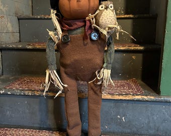 Handmade Primitive Mr Scarecrow with Owl