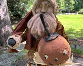 Handmade Primitive CLAY FACE Fall Santa with Jack o Lantern