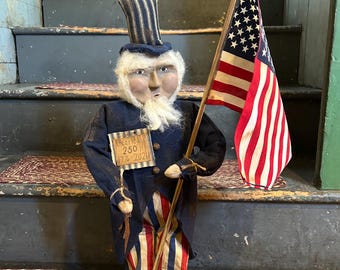 Handmade Primitive Clay Face Americana Uncle Sam-Celebrating - America 250