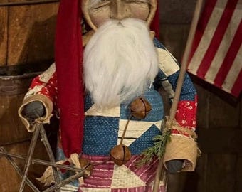 Handmade Primitive Clay Face Americana Santa-Celebrating - America 250