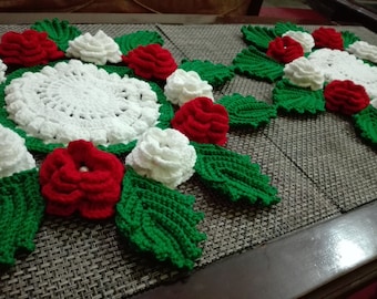 Handmade crochet rose doily table runner
