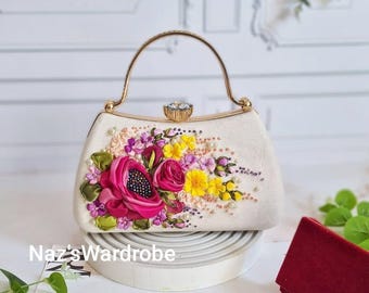 handmade Bridal clutch,3D Floral embroidered pearl bag,wedding purse, elegant evening bag, custom bridal accessory, bridesmaids accessories.