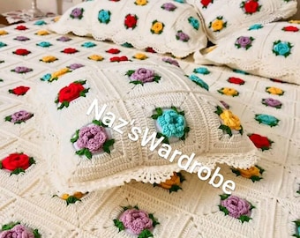 Crochet 3D roses king size Bedspread set with  pillow case Throw Granny Square crochet afghan blanket Knitted  Mother Day Gift Wedding Gift