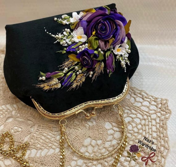 Handbag With Shoulder Strap , Unique Rose Embroidery Bag Kiss Lock