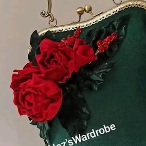 Handbag with shoulder strap , Unique  velvet rose embroidery bag kiss lock handbag unique ribbon embroidery
