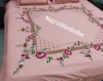 Sábana de punto de cruz hecha a mano con fundas de almohada / Colcha de punto de cruz de algodón bordada a mano / Juego de cama de encaje de ganchillo floral para boda