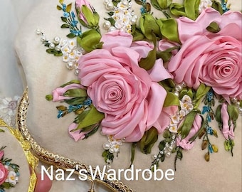 Handbag with shoulder strap , Unique rose embroidery bag kiss lock handbag unique ribbon embroidery