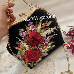 Handbag with shoulder strap , Unique rose embroidery bag kiss lock handbag unique ribbon embroidery