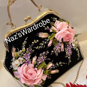 Handbag with shoulder strap , Unique rose embroidery bag kiss lock handbag unique ribbon embroidery