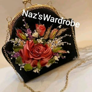 Handbag with shoulder strap , Unique rose embroidery bag kiss lock handbag unique ribbon embroidery
