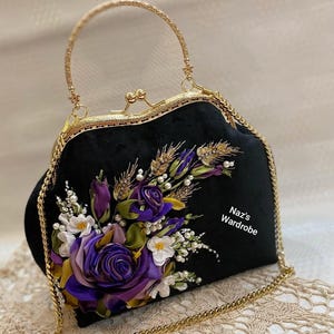 Handbag with shoulder strap , Unique rose embroidery bag kiss lock handbag unique ribbon embroidery