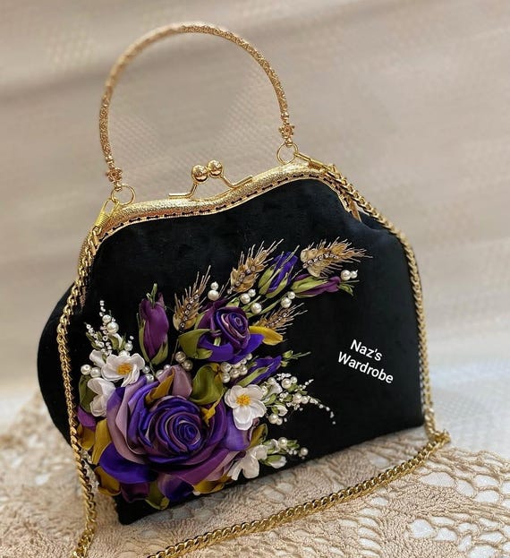 Handbag With Shoulder Strap , Unique Rose Embroidery Bag Kiss Lock