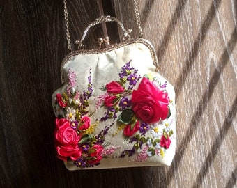 Handbag with shoulder strap , Unique rose embroidery bag