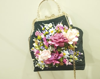 Handbag with shoulder strap , Unique rose embroidery bag kiss lock handbag unique ribbon embroidery